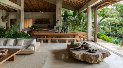 An earthy, nature-inspired living room with wooden furniture, stone accents, and indoor plants. --chaos 20 --ar 16:9 --quality 2 --v 6.1 Job ID: 658411d6-e0e8-45a6-84b2-0f310bfa4e5c