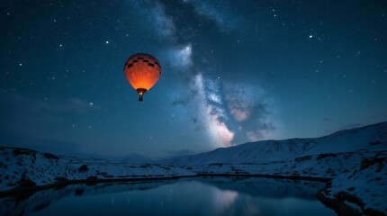 A Hot Air Balloon Fly in Celestial Sky over the Snowy Landscape.