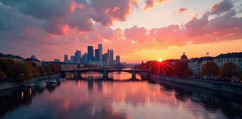 Fototapeta premium Frankfurt skyline, Main river, bridges at sunset, illumination, german, financial