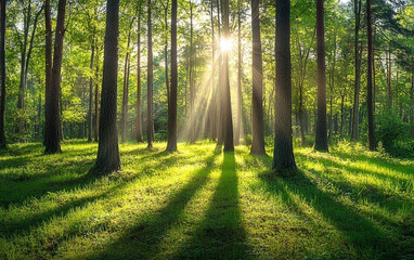 Sunlight filters through tall trees in a beautiful green forest landscape creating a serene scene