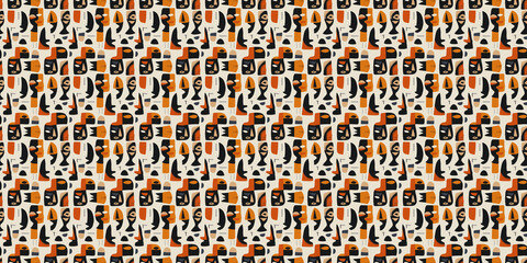 Abstract African art shapes seamless backgrounds, tribal geometric decoration patterns. Colored flat boho symbols illustrations	
