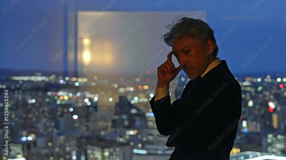 Poster ビジネス、ビジネスマン、男性、シニア、経営者、社長、夜景、考える、マネジメント、ビジネスパーソン、社会、都市、オフィス、ラウンジ、ロビー、疑問、問題、トラブル、課題、経営、エグゼクティブ、暗い、シリアス、企業、会社、将来、展望、未来、都会、日本人、コピースペース、中高年、不安、心配、不満、経済、金融、投資家、人材、人手不足、事業承継、挫折、がっかり、残念、落ち込む、悩む、悩み、困る、疲労、人物