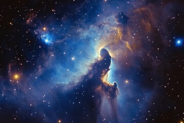 Stunning nebula image, vibrant blues and golds. Perfect for space, astronomy, or cosmic themes, evokes wonder and mystery.