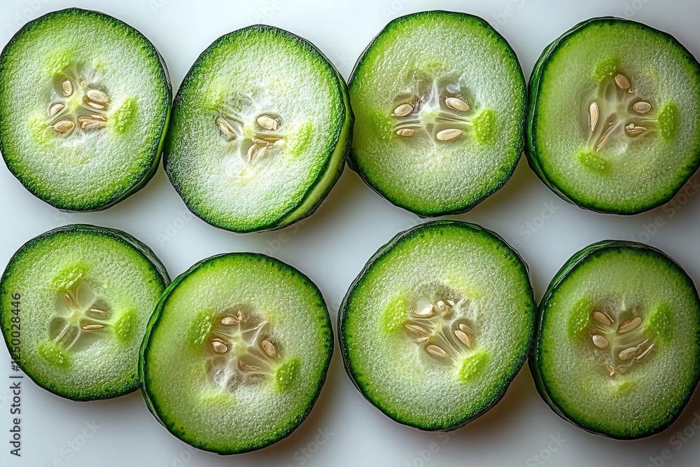 Aufkleber closeup view of arranged cucumber slices on white background
