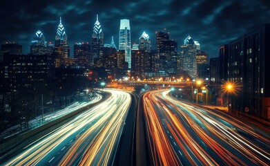 Fototapeta premium Nighttime Cityscape Showing Philadelphia Skyline and Highway Traffic