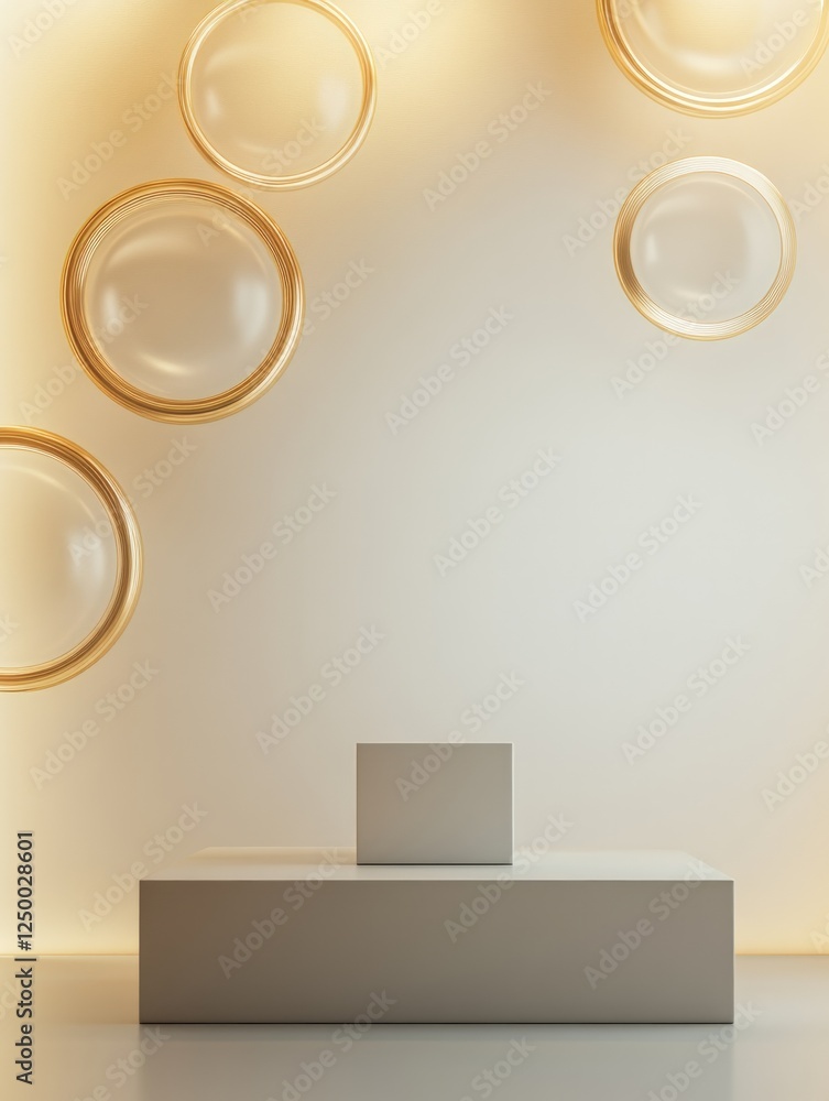 Poster elegant product display with geometric shapes and golden circles