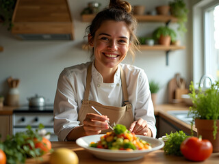Naklejka premium A Vegan Chef’s Compassionate Smile in a Plant-Based Kitchen: A close-up of a vegan chef’s warm smile while preparing a colorful plant-based dish in a modern, eco-friendly kitchen.