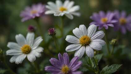 A photograph of white and purple daisies with bright yellow centers. The flowers are set in a garden with greenery filling the foreground.