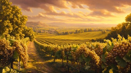 Picturesque Vineyard Landscape at Sunset with Ripe Grapes on Vines