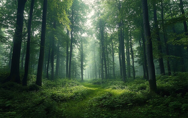 Obraz premium Lush forest landscape with sunlight piercing through tall trees and dense green foliage