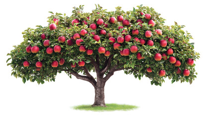Fototapeta premium A large apple tree with red apples on the branches, green leaves, and a sturdy trunk, isolated on a white background. Vector illustration of a fruit tree suitable for garden design or landscape. 