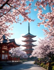 Serene Japanese Pagoda Amidst Cherry Blossoms