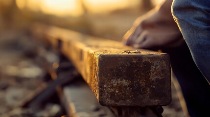 Close Up View of Rusty Railroad Tie with a Person Nearby Evoking Nostalgia and Journey : Generative AI