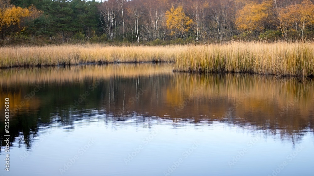 Poster tranquil autumn reflections on a calm lake surrounded by golden foliage : generative ai