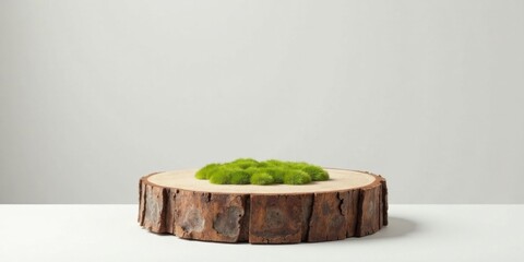 Rustic Wooden Slice Display with Lush Green Foliage, Perfect for Product Showcasing or Nature-Inspired Designs