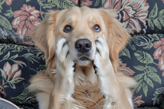 A surprised golden retriever with its paws on its face, sitting on a floral-patterned couch, expressing a relatable canine emotion.