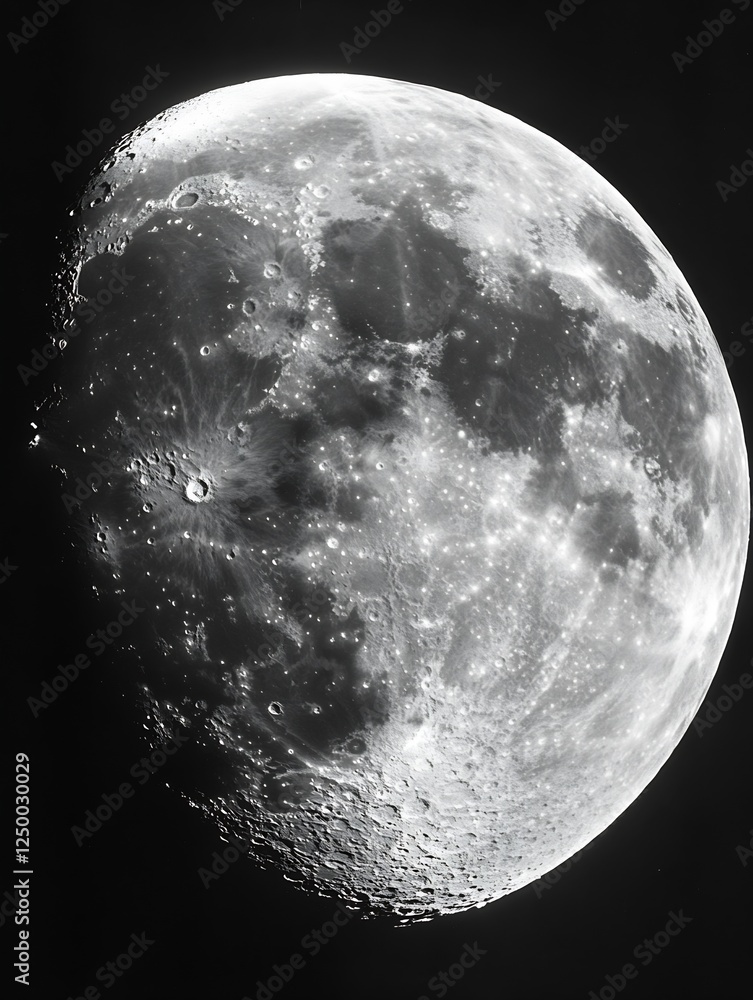 Poster high resolution detailed image of the moon showcasing craters and surface textures in black and whit
