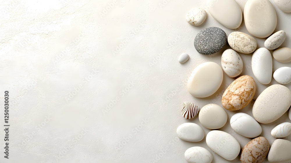 Poster serene arrangement of smooth pebbles and stones on a plain white background creating a minimalist an