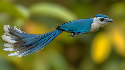 Obraz premium Flying Blue Bird With White Tail Feather