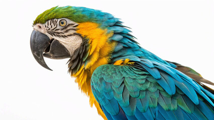 Fototapeta premium An exquisite portrait of a blue-and-yellow macaw, highlighting the intricate details of its plumage and intense gaze