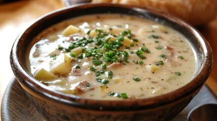 Warm and Hearty Potato Chowder Served in a Rustic Bowl Topped With Fresh Chives