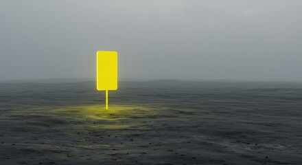 Bright yellow radiation warning signs scattered across a barren, desolate wasteland