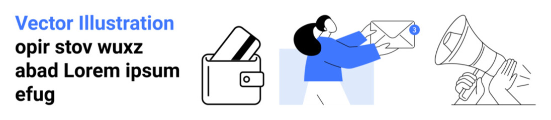 Woman holding an envelope, wallet with cards, and megaphone icons. Ideal for email marketing, online communication, financial apps, business services, user notifications, announcements digital
