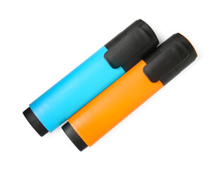 Bright highlighters isolated on white, top view