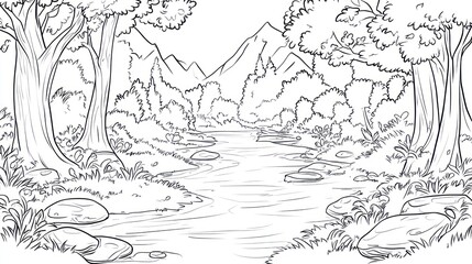 Naklejka premium Serene mountain stream flows through lush forest; nature scene, coloring book page