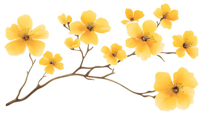 A long, yellow floral branch with two or three flowers, against a white background, in a watercolor style with simple lines and shapes. High-resolution, professional digital illustration. 