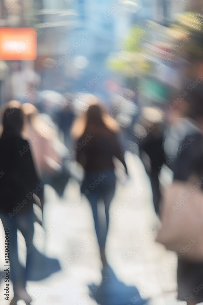 Poster blurry crowds walking in a city with bright lights in the background : generative ai