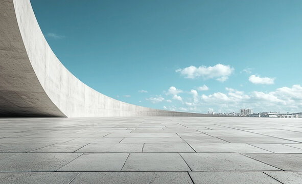Empty concrete floor with a city skyline and clear blue sky providing ample copy space