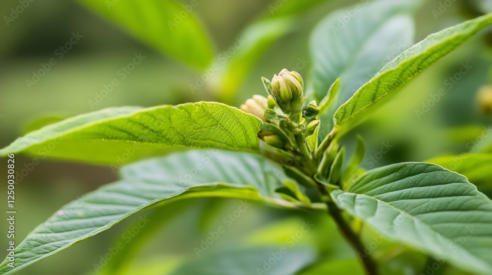 Poster close-up of green leaves with buds signifying new life in a lush natural environment : generative ai