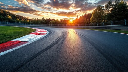 Naklejka premium Sunset race track asphalt curve, tire marks, forest background
