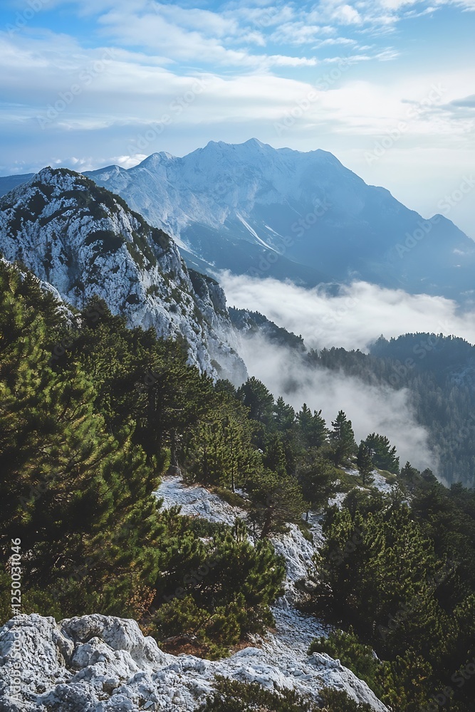 Poster Breathtaking panoramic view of mountains covered in mist with evergreen trees in foreground : Generative AI