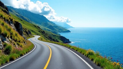 Obraz premium Asphalt ribbon winding along a picturesque coastal mountain range, offering breathtaking ocean views and a scenic drive
