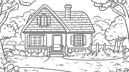 Obraz premium Cozy cottage nestled in leafy woods, coloring page
