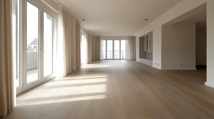 Spacious modern living room with large windows and wooden floor bathed in natural light : Generative AI