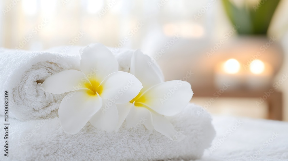 Fototapete spa towels rolled with a beautiful flower on a serene background providing a calming and tranquil at