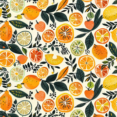 Fototapeta premium vibrant pattern featuring various citrus fruits like lemons, oranges, and limes, surrounded by green leaves, creating fresh and lively atmosphere