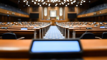 Modern Legislative Assembly Hall Design with Empty Seats and Bright Lighting : Generative AI