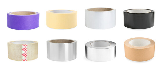 Rolls of different adhesive tapes isolated on white, set