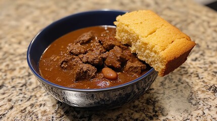 Beef Stew Served With Cornbread on a Granite Countertop in a Cozy Kitchen Setting in the Evening
