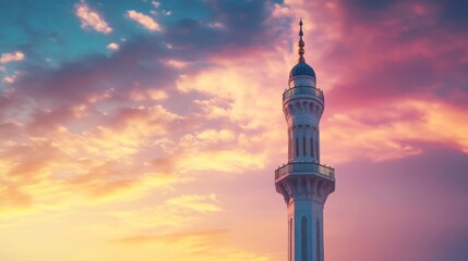 Obraz premium Minaret silhouette against painted clouds, serene architectural beauty in the sky.