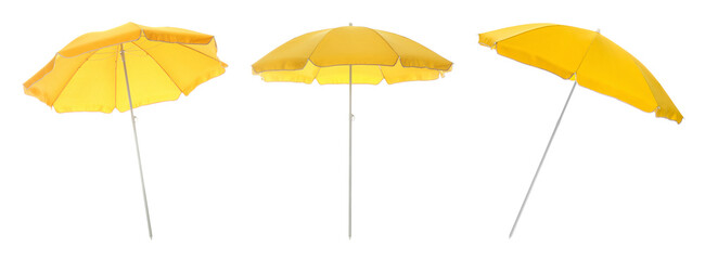 Yellow beach umbrella isolated on white, collage © New Africa