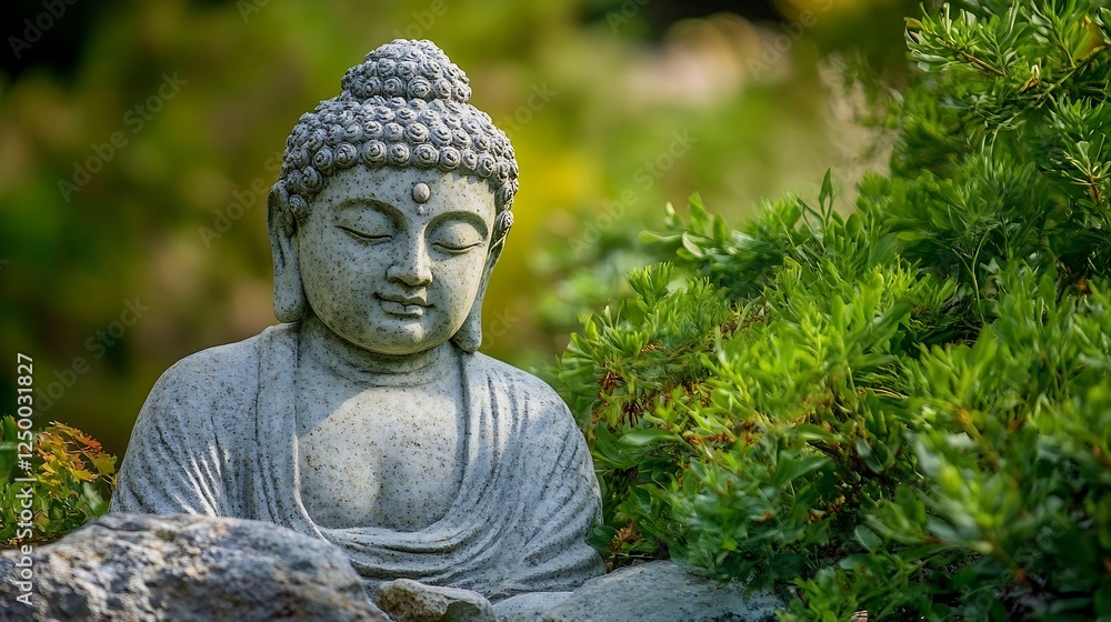 Poster serene buddha statue surrounded by lush greenery in a peaceful garden setting : generative ai
