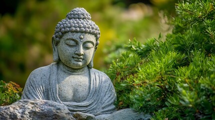 Serene Buddha Statue Surrounded by Lush Greenery in a Peaceful Garden Setting : Generative AI