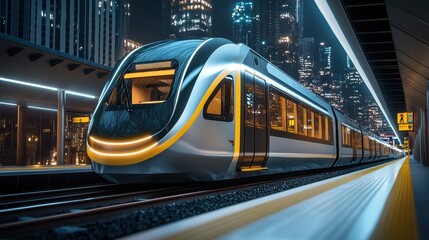 Modern High Speed Train Arriving at City Station at Night