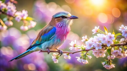 Obraz premium A vibrant lilac roller bird perches on a spring branch, showcasing its vivid plumage in this wildlife photograph.
