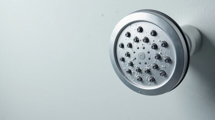 Close-up view of a modern showerhead with water droplets, showcasing its sleek metallic design and efficient water distribution system.